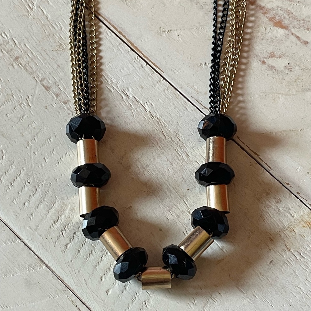 🍒4/$15 Bold Black and Gold Multi-Strand Necklace with Cylindrical Beads
